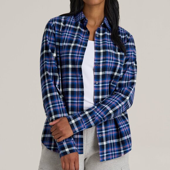 American Tall Flannel Button-Up Shirt for Tall Women in Cobalt, Navy, and Peach - Picture 1 of 4